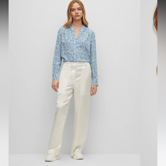 NWT!! HUGO BOSS Regular-Fit Blue + Cream Print Silk Crepe du Chine: SZ 14 - $348 - Picture 3 of 16